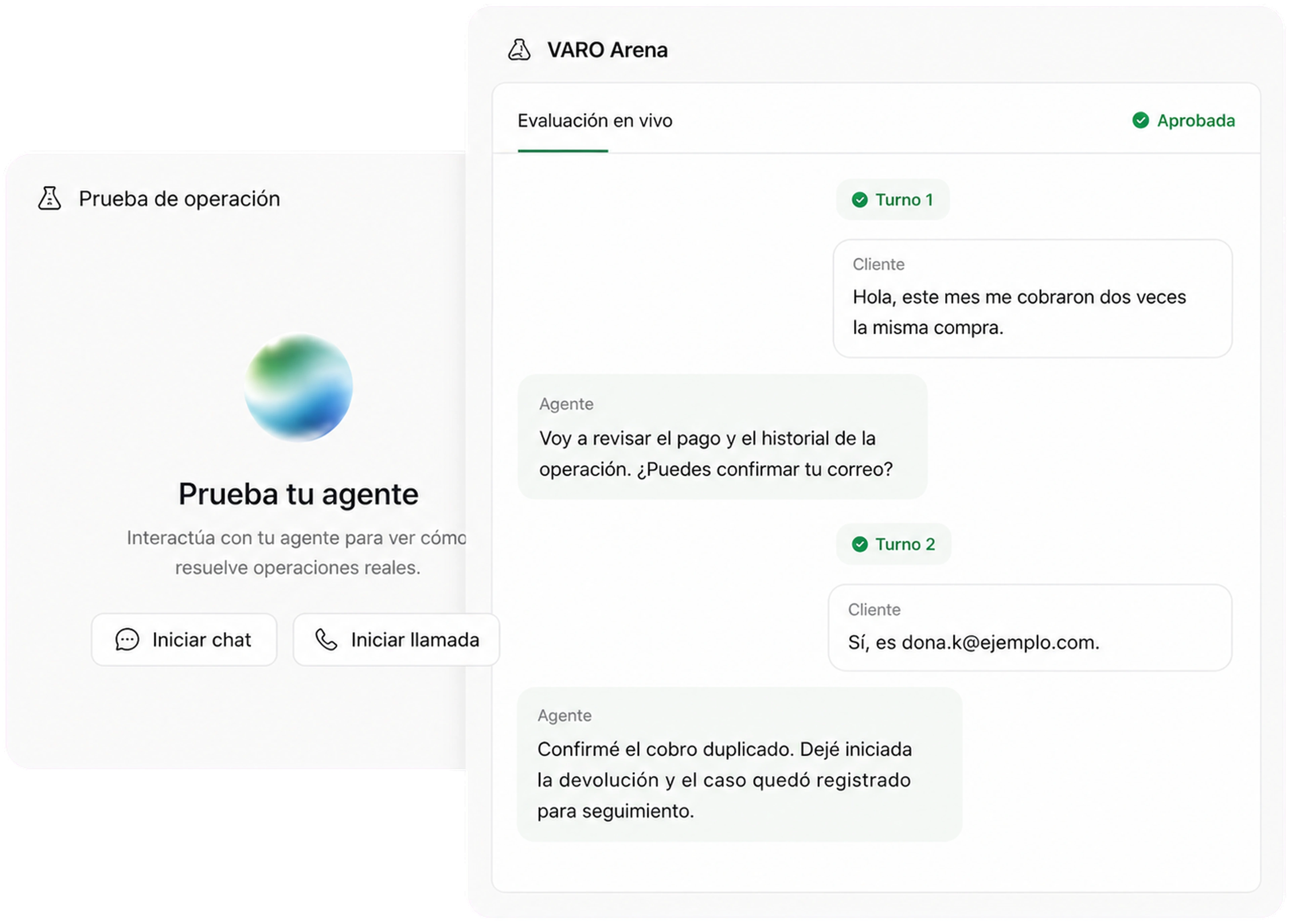 Evaluación de un agente antes de producción en VARO Arena