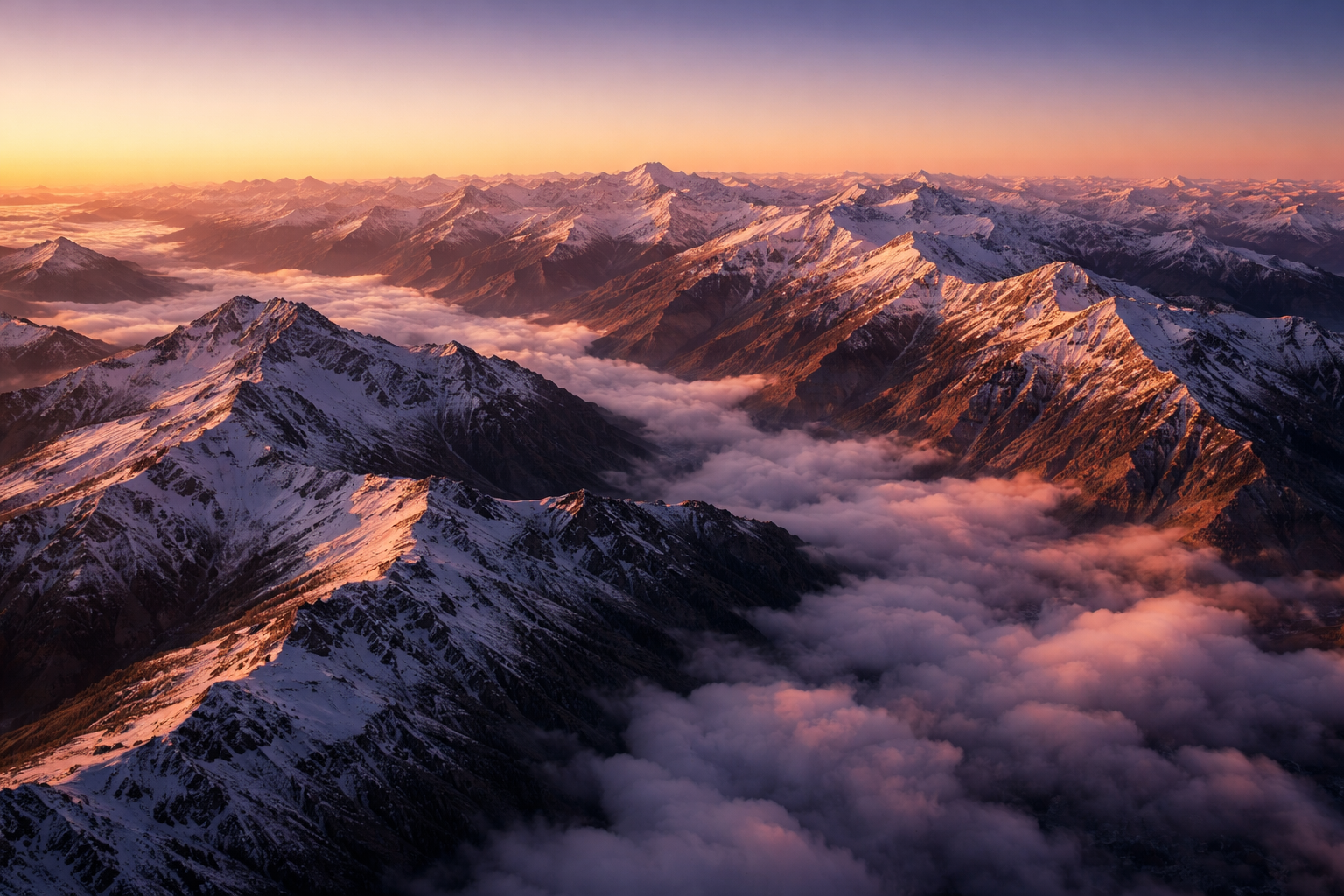Cordillera de los Andes sobre mar de nubes al atardecer
