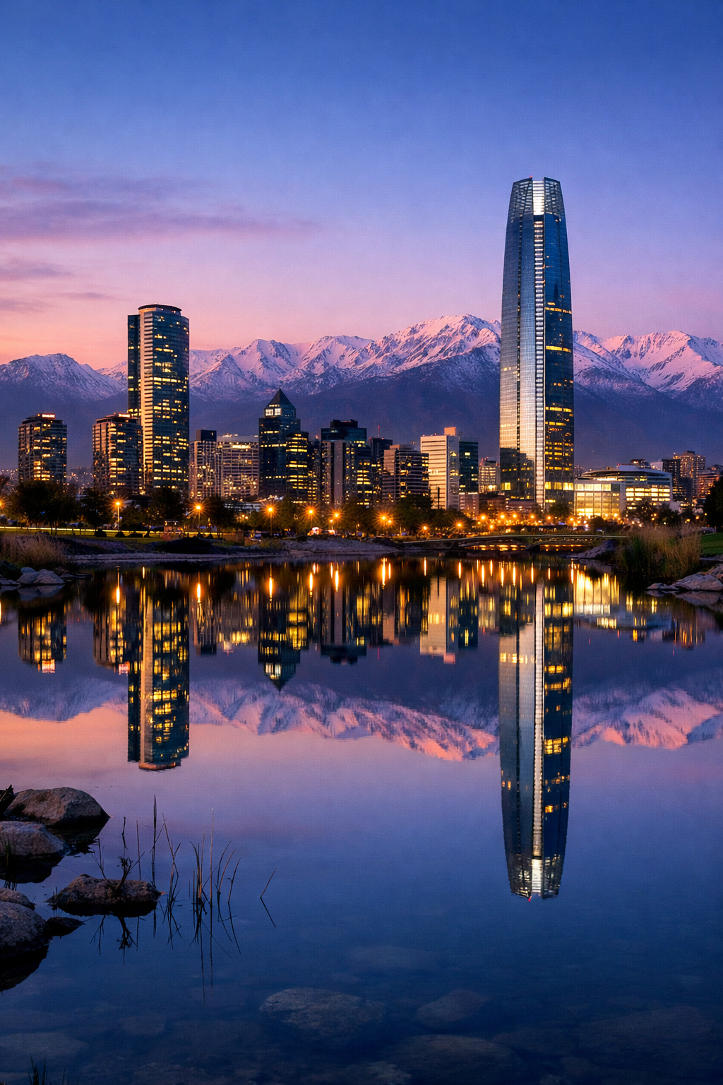 Costanera Center reflejado al atardecer
