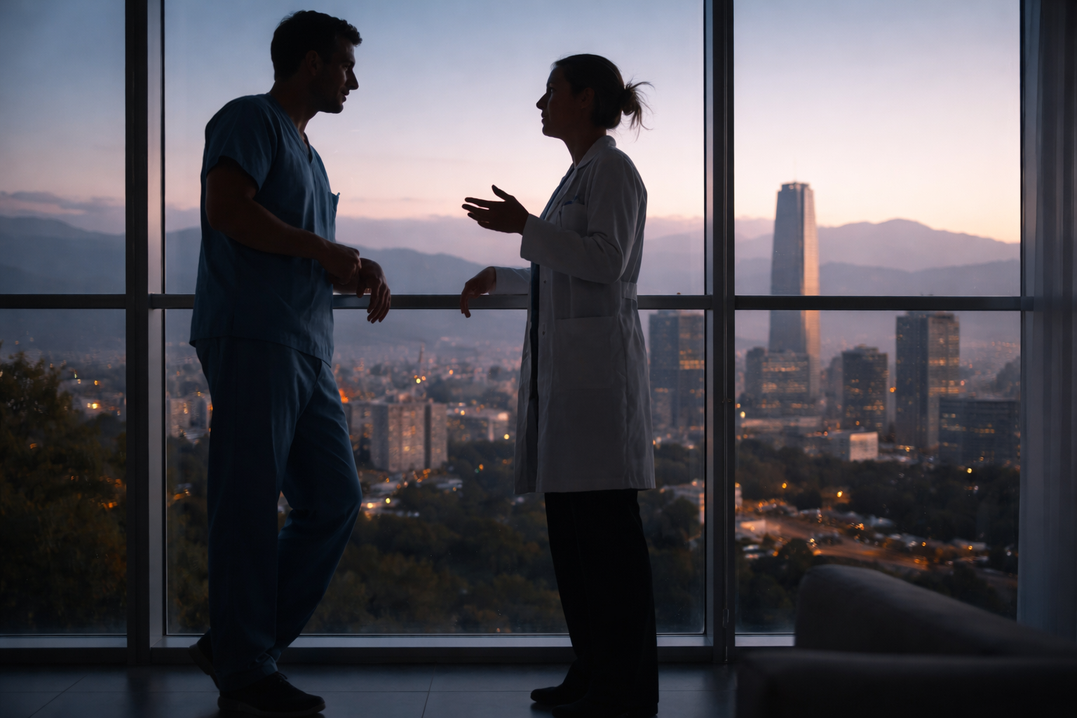 Doctores en hospital con vista a Santiago y Costanera
