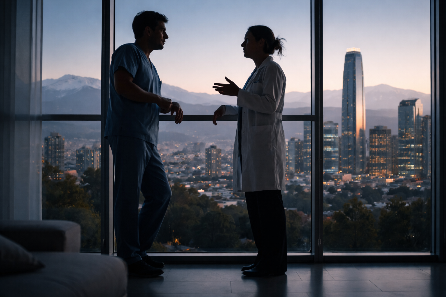 Doctores en hospital con vista a Santiago