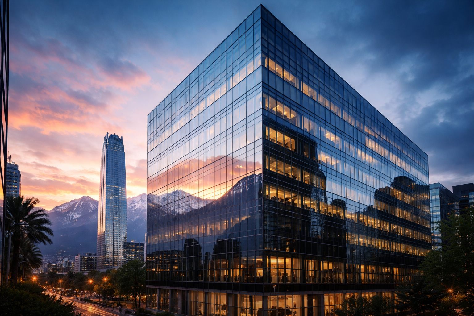 Edificio corporativo en Santiago con Cordillera de los Andes