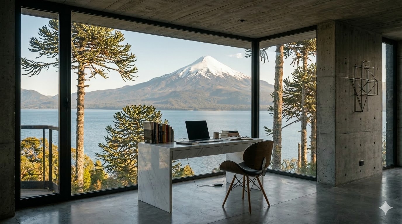 Escritorio con laptop frente a volcán y lago en el sur de Chile