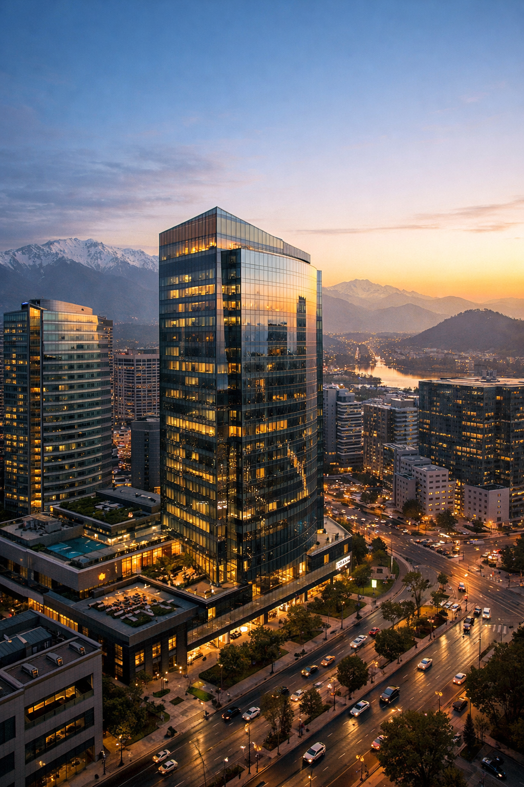 Zona comercial de Santiago al atardecer