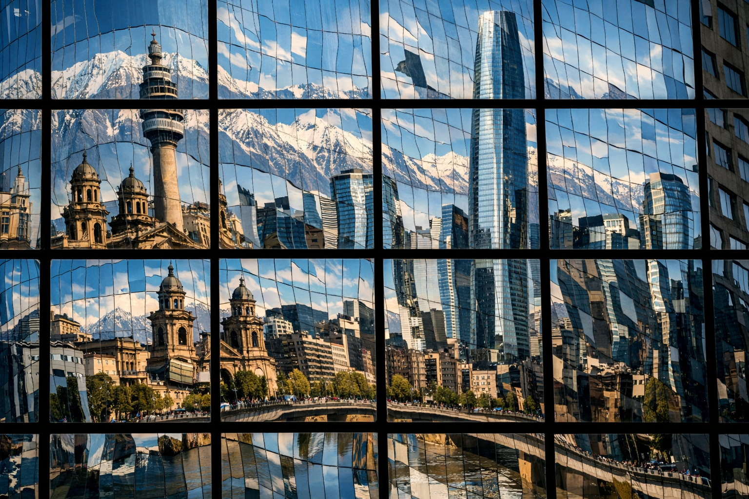 Santiago reflejado en fachada de vidrio