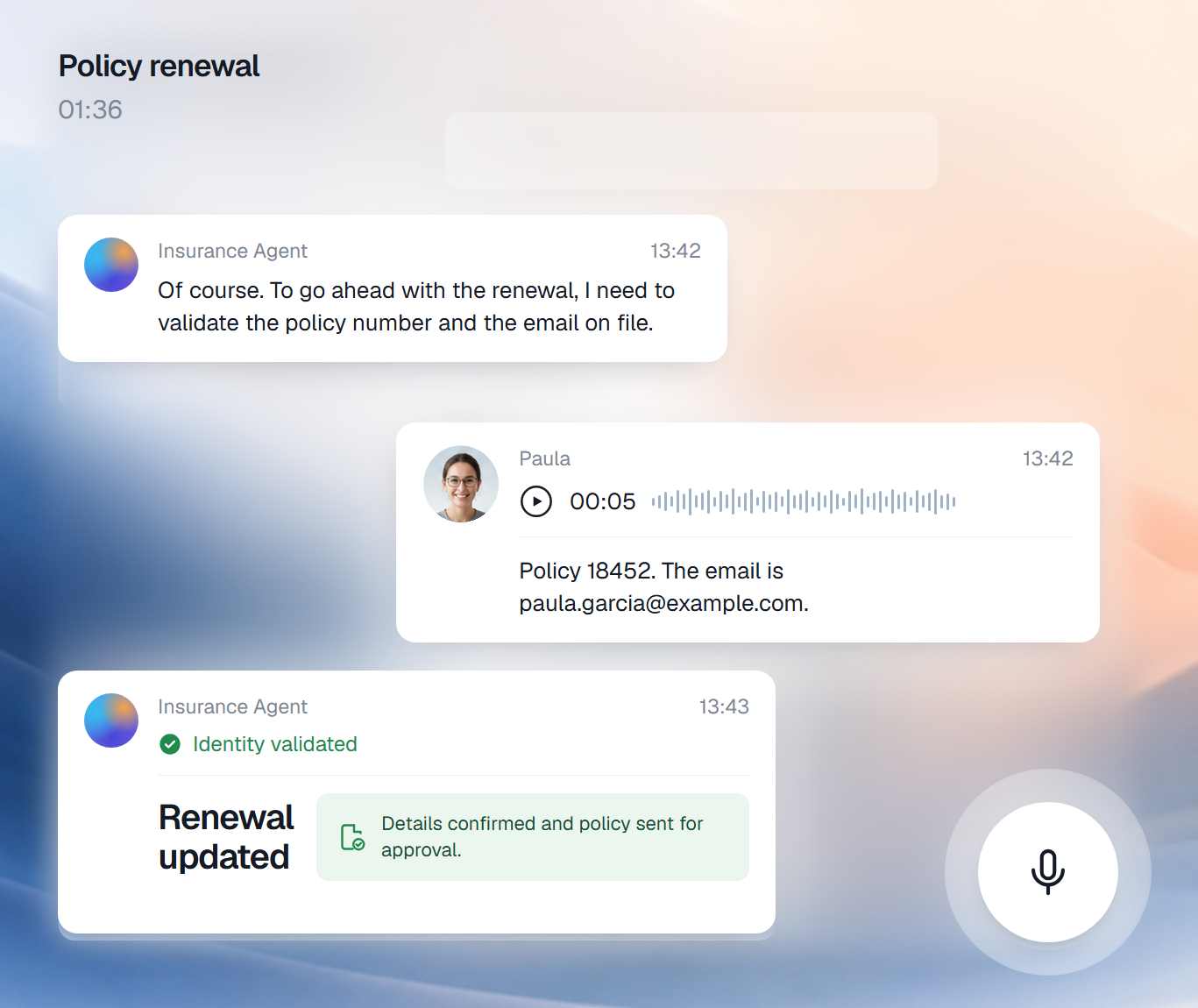 An agent operating by voice inside a renewal process