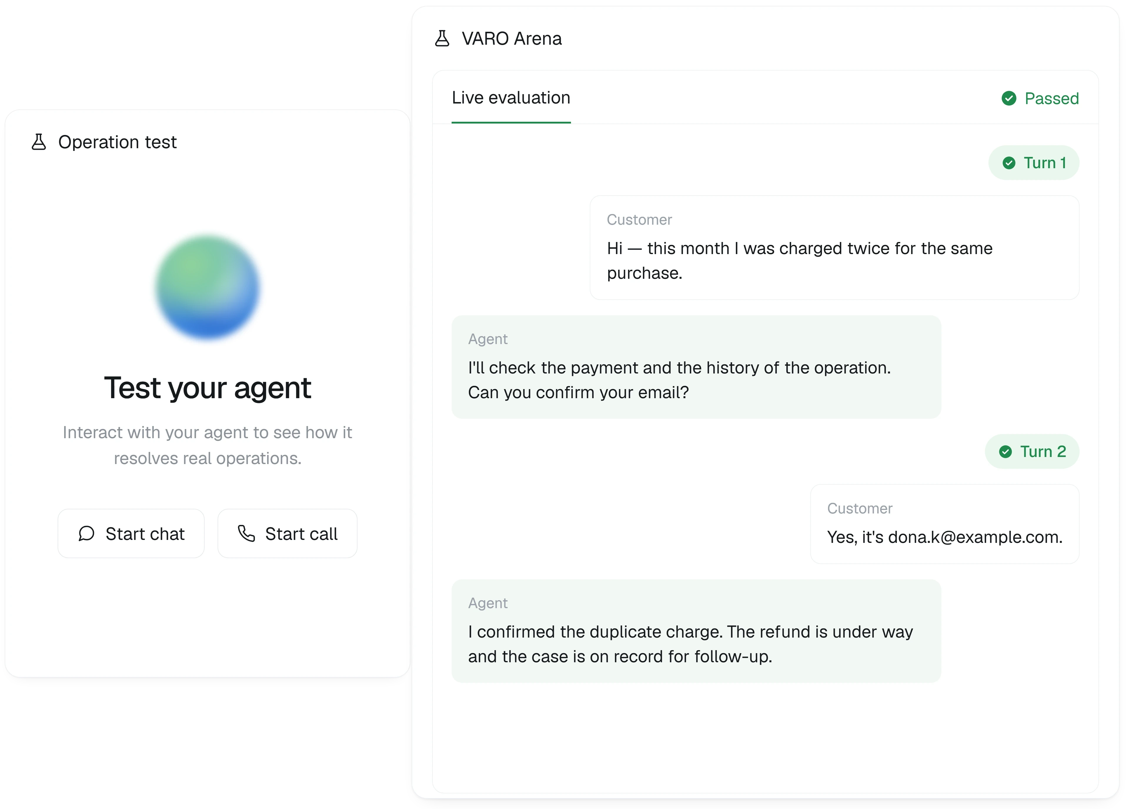 Evaluating an agent before production in VARO Arena